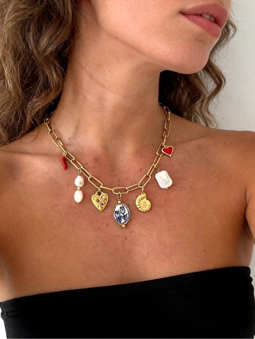 Coastal Gold Charm Link Necklace with Red & White Accents